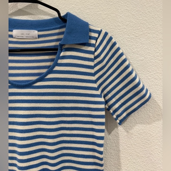 Oak + Fort Knit Blue White Striped Cropped Collared Short Sleeve Tee Size Small - Picture 5 of 14